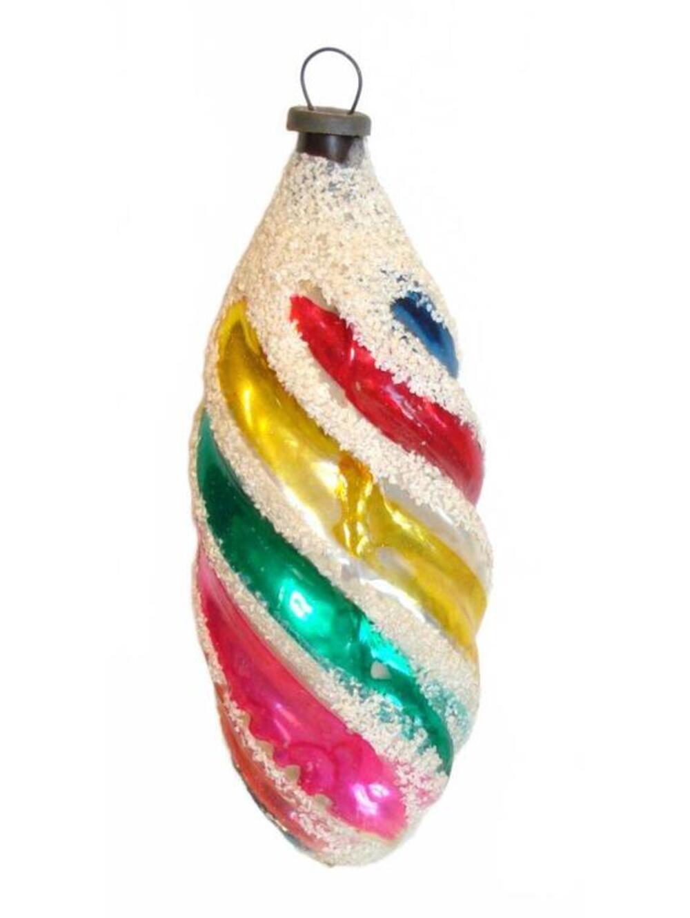 Vintage MCM Glass Mercury Oblong, Swirl Stripe Christmas Ornament with Mica